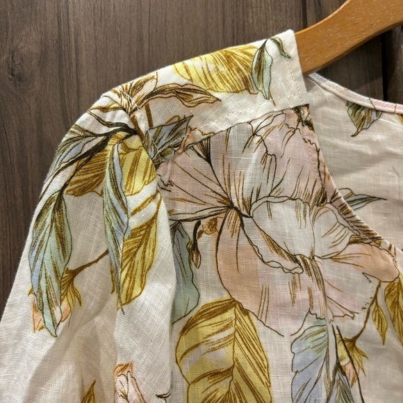 Nicole Miller 1X Tunic 100% Linen Floral Button Front Top Long Roll Tab Sleeves - Picture 3 of 10